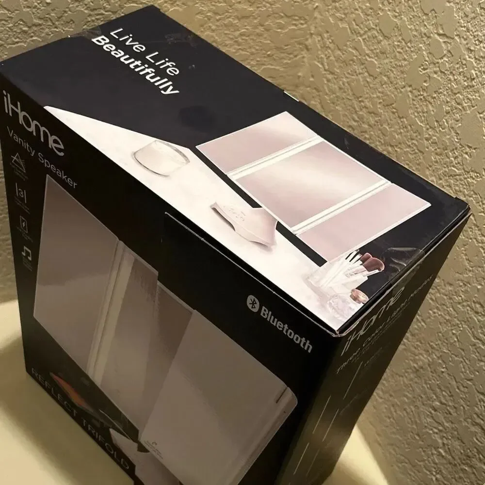 iHome Vanity Mirror With Bluetooth Speaker White Trifold Light Up Makeup New Box